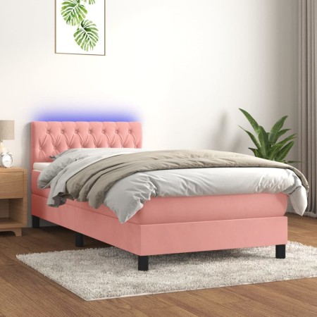 Cama box spring colchón y LED terciopelo rosa 100x200 cm de , Camas y somieres - Ref: Foro24-3134572, Precio: 317,59 €, Descu...