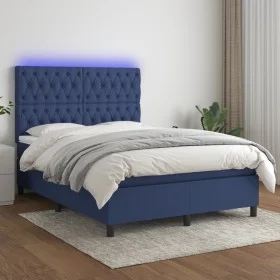 Box spring bed mattress and LED lights blue fabric 140x190 cm by , Beds and slatted bases - Ref: Foro24-3135115, Price: 534,4...