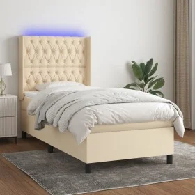 Cama box spring colchón y luces LED tela crema 90x200 cm de , Camas y somieres - Ref: Foro24-3138530, Precio: 360,62 €, Descu...