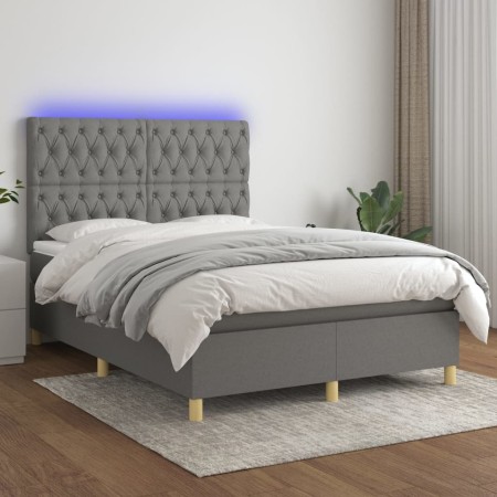 Cama box spring colchón y luces LED tela gris oscuro 140x190 cm de , Camas y somieres - Ref: Foro24-3135670, Precio: 531,07 €...
