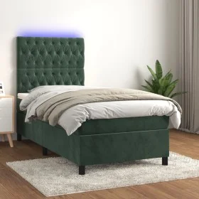 Box spring bed with mattress and LED dark green velvet 90x190 cm by , Beds and slatted bases - Ref: Foro24-3136278, Price: 35...