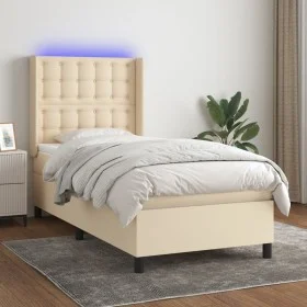 Cama box spring colchón y luces LED tela crema 90x200 cm de , Camas y somieres - Ref: Foro24-3138610, Precio: 343,31 €, Descu...