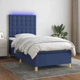 Box spring bed mattress and LED lights blue fabric 90x190 cm by , Beds and slatted bases - Ref: Foro24-3135723, Price: 326,08...