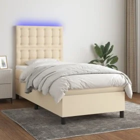 Cama box spring colchón y luces LED tela crema 90x200 cm de , Camas y somieres - Ref: Foro24-3135170, Precio: 332,37 €, Descu...