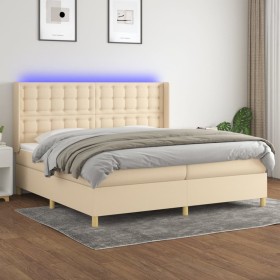 Cama box spring colchón y luces LED tela crema 200x200 cm de , Camas y somieres - Ref: Foro24-3139226, Precio: 622,87 €, Desc...