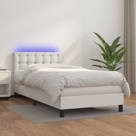Cama box spring colchón y LED cuero sintético blanco 100x200 cm de , Camas y somieres - Ref: Foro24-3134208, Precio: 327,73 €...