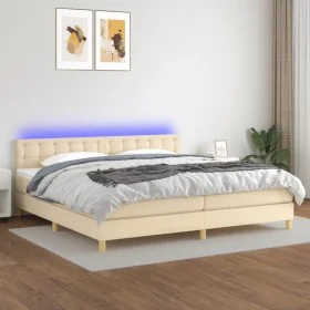 Cama box spring con colchón y LED tela crema 200x200 cm de , Camas y somieres - Ref: Foro24-3134066, Precio: 547,65 €, Descue...