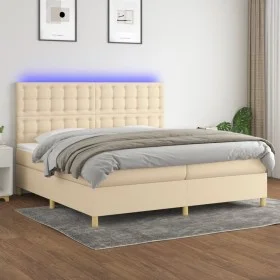 Box spring bed mattress and LED lights cream fabric 200x200 cm by , Beds and slatted bases - Ref: Foro24-3135786, Price: 639,...