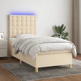Box spring bed mattress and LED lights cream fabric 100x200 cm by , Beds and slatted bases - Ref: Foro24-3135738, Price: 356,...