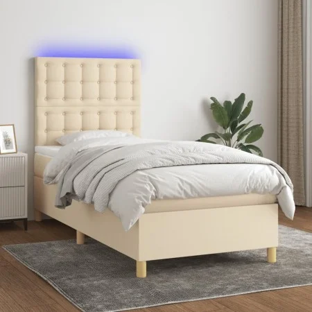 Box spring bed mattress and LED lights cream fabric 100x200 cm by , Beds and slatted bases - Ref: Foro24-3135738, Price: 356,...