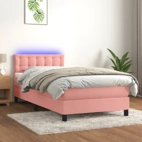 Box spring bed with mattress and LED pink velvet 90x190 cm by , Beds and slatted bases - Ref: Foro24-3134620, Price: 317,09 €...
