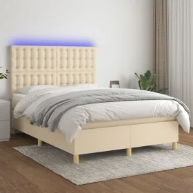 Box spring bed mattress and LED lights cream fabric 140x190 cm by , Beds and slatted bases - Ref: Foro24-3135754, Price: 501,...