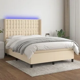 Box spring bed mattress and LED lights cream fabric 140x190 cm by , Beds and slatted bases - Ref: Foro24-3138634, Price: 497,...