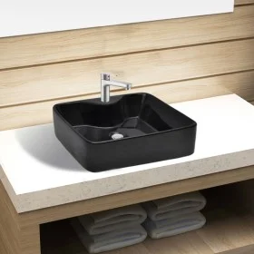 Lavabo de cerámica cuadrado con orificio de grifo/desagüe negro de vidaXL, Lavabos - Ref: Foro24-141937, Precio: 77,74 €, Des...