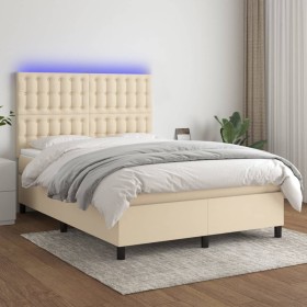 Cama box spring colchón y luces LED tela crema 140x200 cm de , Camas y somieres - Ref: Foro24-3135202, Precio: 525,89 €, Desc...