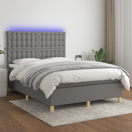 Cama box spring colchón y luces LED tela gris oscuro 140x200 cm de , Camas y somieres - Ref: Foro24-3135758, Precio: 517,08 €...