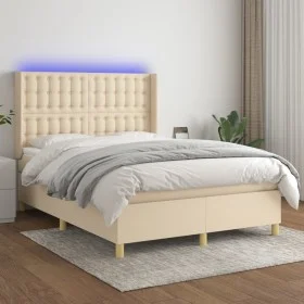 Cama box spring colchón y luces LED tela crema 140x200 cm de , Camas y somieres - Ref: Foro24-3139202, Precio: 523,08 €, Desc...