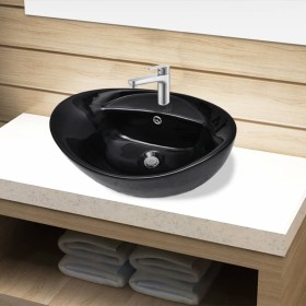Lavabo de cerámica con agujero para grifo/desagüe negro ovalado de vidaXL, Lavabos - Ref: Foro24-141921, Precio: 67,97 €, Des...