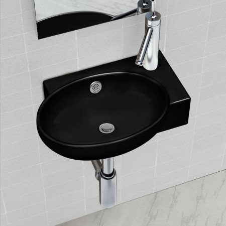Lavabo redondo de cerámica con orificio de grifo/desagüe negro de vidaXL, Lavabos - Ref: Foro24-141925, Precio: 68,58 €, Desc...