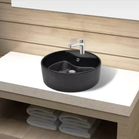Lavabo de cerámica con agujero para grifo/desagüe negro redondo de vidaXL, Lavabos - Ref: Foro24-141939, Precio: 70,65 €, Des...