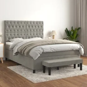 Box spring bed with light gray velvet mattress 140x190 cm by , Beds and slatted bases - Ref: Foro24-3138019, Price: 608,39 €,...