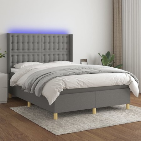Cama box spring colchón y luces LED tela gris oscuro 140x200 cm de , Camas y somieres - Ref: Foro24-3139198, Precio: 524,90 €...