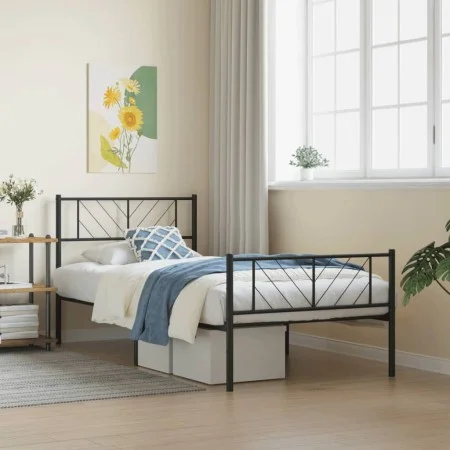Bed frame with headboard and black metal footboard 90x200 cm by , Beds and slatted bases - Ref: Foro24-372190, Price: 75,02 €...