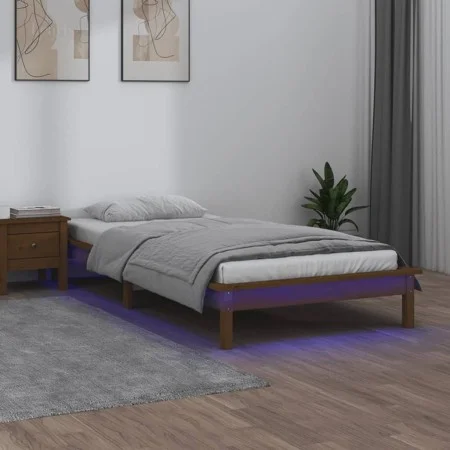 Bed frame with LED solid wood honey brown 90x200 cm by , Beds and slatted bases - Ref: Foro24-820594, Price: 115,25 €, Discou...