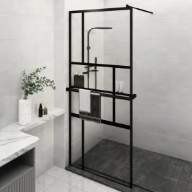 Mampara ducha con estante vidrio ESG y aluminio negro 90x195 cm de , Paredes y mamparas de ducha - Ref: Foro24-3185460, Preci...
