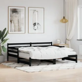 Trundle sofa bed solid black pine wood 90x200 cm by , Beds and slatted bases - Ref: Foro24-836149, Price: 188,77 €, Discount: %