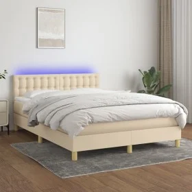 Box spring bed with mattress and LED cream fabric 140x200 cm by , Beds and slatted bases - Ref: Foro24-3134042, Price: 439,75...