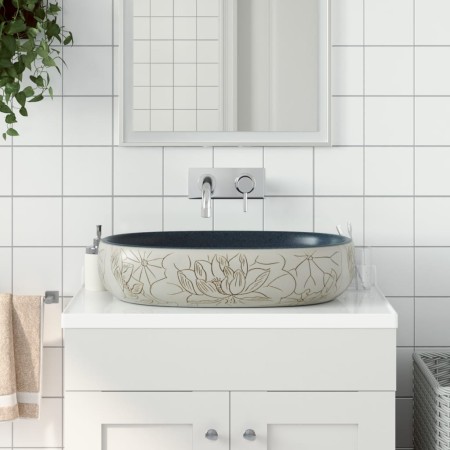 Lavabo sobre encimera ovalado cerámica arena y azul 59x40x14 cm de , Lavabos - Ref: Foro24-155099, Precio: 157,57 €, Descuent...