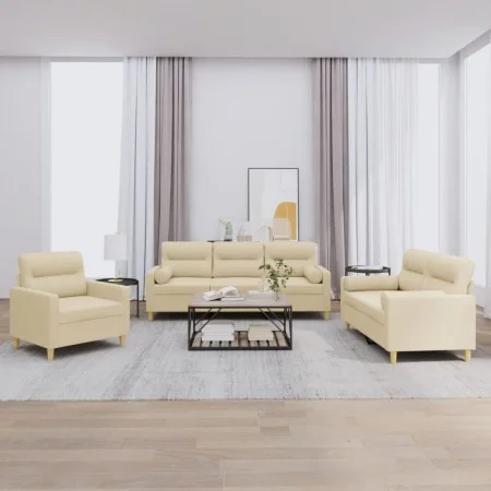Sofa set with cushions 3 pieces cream fabric by , Sofas - Ref: Foro24-3201554, Price: 644,69 €, Discount: %