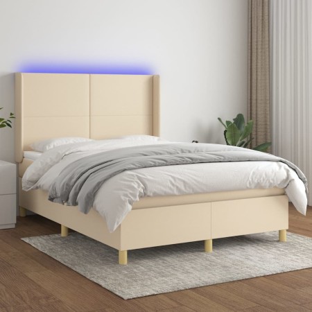 Cama box spring colchón y luces LED tela crema 140x190 cm de , Camas y somieres - Ref: Foro24-3138714, Precio: 511,04 €, Desc...