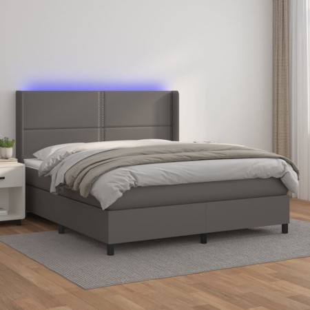 Cama box spring colchón y LED cuero sintético gris 180x200 cm de , Camas y somieres - Ref: Foro24-3139341, Precio: 627,70 €, ...