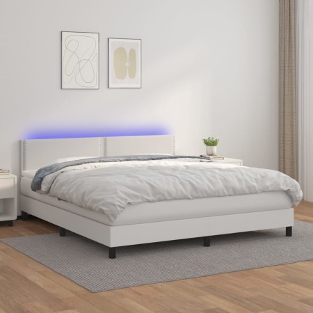 Cama box spring colchón y LED cuero sintético blanco 160x200 cm de , Camas y somieres - Ref: Foro24-3134172, Precio: 512,21 €...