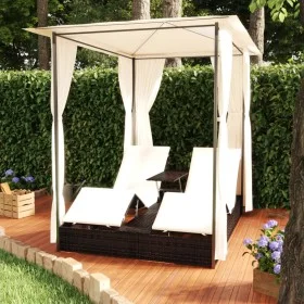 Tumbona doble con cortinas ratán sintético marrón de vidaXL, Camas para exteriores - Ref: Foro24-42890, Precio: 340,45 €, Des...