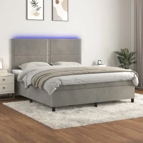 Box spring bed with mattress and LED light gray velvet 180x200 cm by , Beds and slatted bases - Ref: Foro24-3136077, Price: 5...