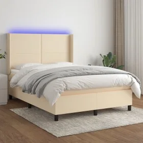 Cama box spring colchón y luces LED tela crema 140x190 cm de , Camas y somieres - Ref: Foro24-3138154, Precio: 489,63 €, Desc...