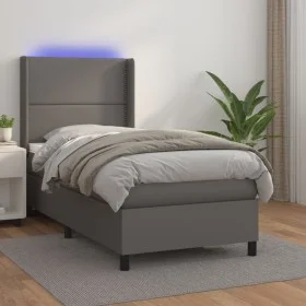 Cama box spring y colchón LED cuero sintético gris 90x200 cm de , Camas y somieres - Ref: Foro24-3139305, Precio: 350,45 €, D...