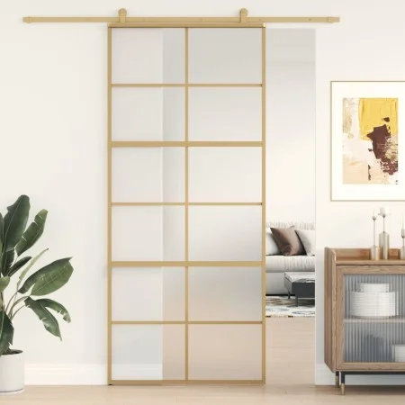 Sliding door, golden color, frosted ESG glass, aluminum, 90x205cm by , Doors for the home - Ref: Foro24-155170, Price: 184,20...