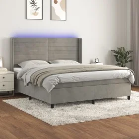 Box spring bed with mattress and LED light gray velvet 180x200 cm by , Beds and slatted bases - Ref: Foro24-3139637, Price: 5...