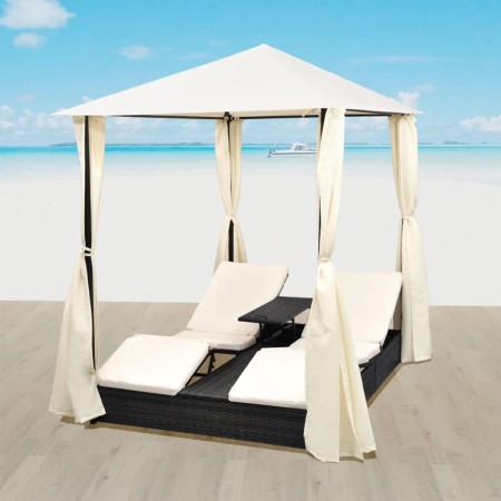 Tumbona doble con cortinas ratán sintético negro de vidaXL, Camas para exteriores - Ref: Foro24-42891, Precio: 419,12 €, Desc...