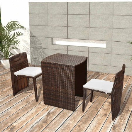Mesa y sillas bistró jardín 3 pzs y cojines poli ratán marrón de vidaXL, Conjuntos de jardín - Ref: Foro24-42881, Precio: 177...
