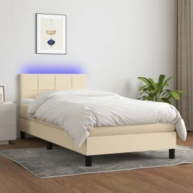 Box spring bed mattress and LED lights cream fabric 90x200 cm by , Beds and slatted bases - Ref: Foro24-3133130, Price: 282,1...