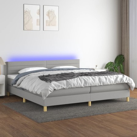 Cama box spring con colchón tela y LED gris claro 200x200 cm de , Camas y somieres - Ref: Foro24-3133821, Precio: 574,07 €, D...