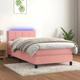 Box spring bed with mattress and LED pink velvet 90x190 cm by , Beds and slatted bases - Ref: Foro24-3134380, Price: 315,18 €...