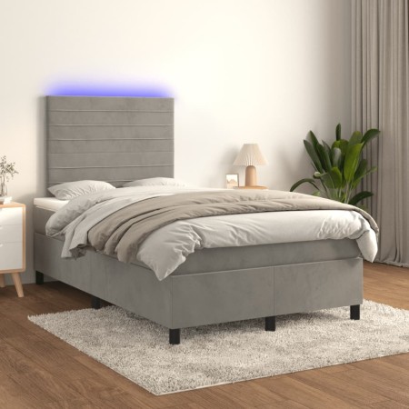 Cama box spring colchón y LED terciopelo gris claro 120x200 cm de , Camas y somieres - Ref: Foro24-3136173, Precio: 416,89 €,...