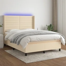 Box spring bed mattress and LED lights cream fabric 140x190 cm by , Beds and slatted bases - Ref: Foro24-3138394, Price: 508,...