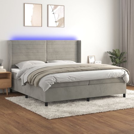 Cama box spring colchón y LED terciopelo gris claro 200x200 cm de , Camas y somieres - Ref: Foro24-3139643, Precio: 598,73 €,...